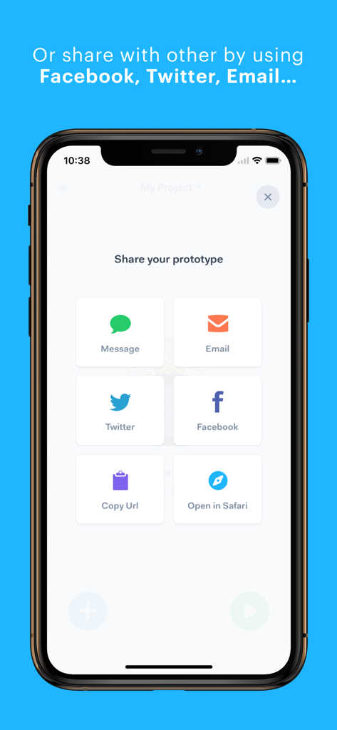 Marvel app screen showing sharing options for design prototypes via email and social media