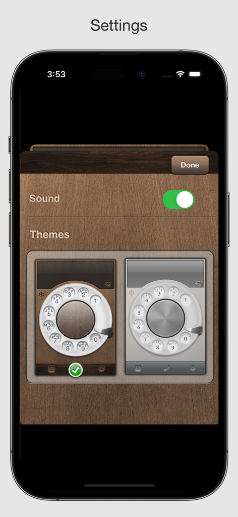 iRetroPhone - Rotary Dialer - Settings screen of iRetroPhone app showing sound toggle and customizable vintage rotary dialer themes.