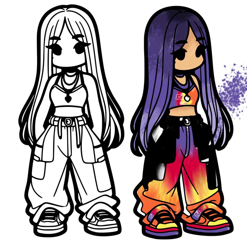 girl in baggy pants crop top and long hair