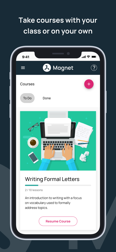 Pantalla de la aplicación móvil Magnet Learn que muestra un curso sobre escritura de cartas formales con un botón de currículum