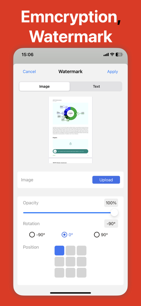 PDF Editor : PDF Reader,Signer - PDFエディタアプリの透かし機能を示すスマートフォンの画面、画像アップロードと不透明度調整のオプションが表示される