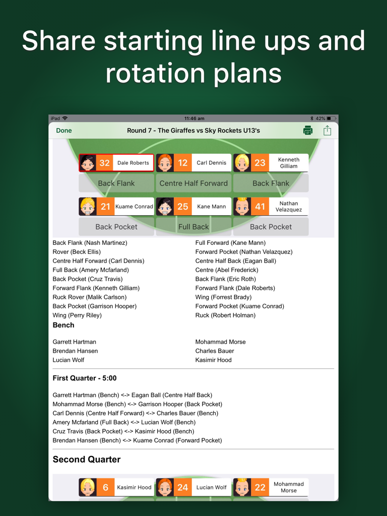 Great Coach AFL - Great Coach AFL app interface showing starting lineups and rotation plans for an Australian Rules Football team on iPad