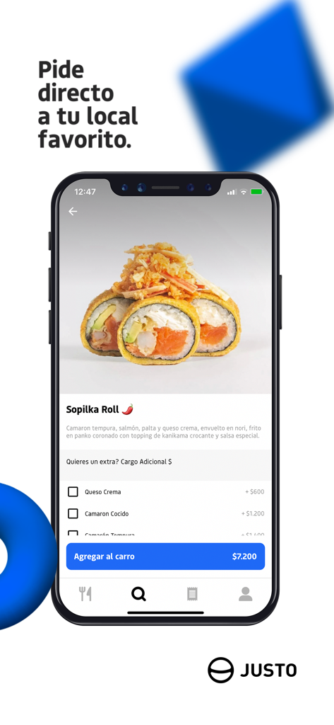 Tela do aplicativo móvel Justo mostrando um rolo de sushi com personalização de pedido e preço