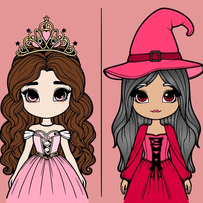 two realistic girls one princess one witch