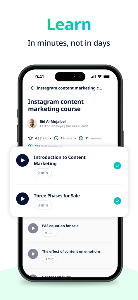 Tenmeya app interface displaying short video lessons for a digital marketing course