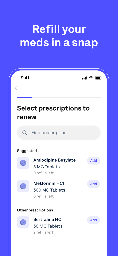 Interface do aplicativo Oscar Health para selecionar e renovar prescrições médicas