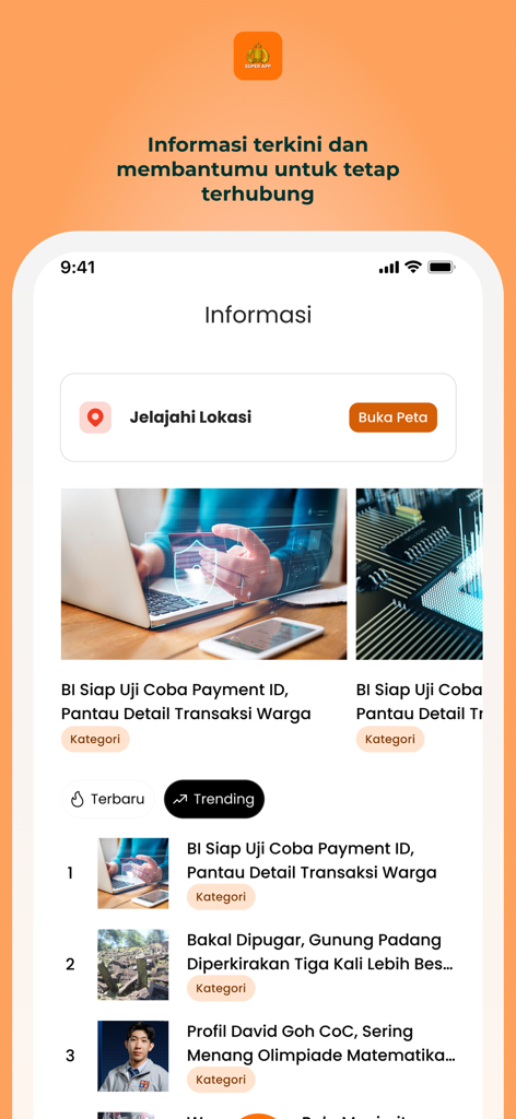 Super App Polri - The news and information screen of the Super App Polri showing a feed of articles and a map service locator button.
