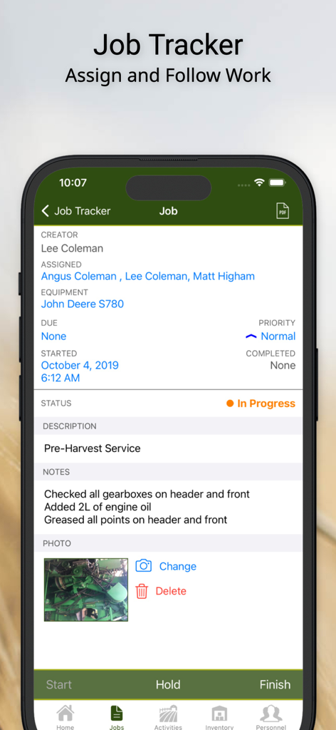 FarmSimple - A screenshot of the FarmSimple app Job Tracker interface showing maintenance details for a pre-harvest service on farm equipment.