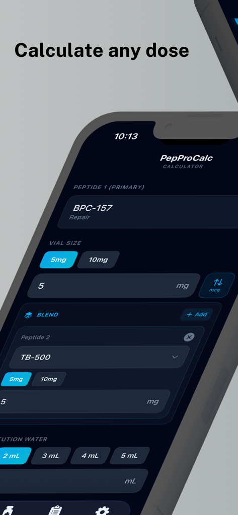 PepProCalc app interface showing a peptide dosage calculation for BPC-157 and TB-500 with a dark minimalist design