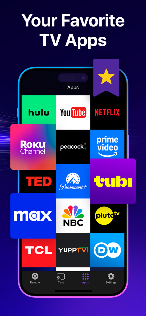 RemoTV 앱 내에서 넷플릭스, 훌루, 유튜브와 같은 인기 스트리밍 앱 아이콘 그리드를 표시하는 스마트폰 화면