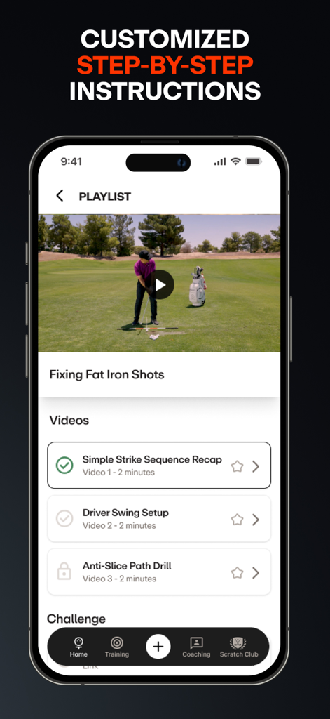 Performance Golf AI Swing Fix - 맞춤형 단계별 스윙 지침을 위한 비디오 레슨 재생 목록을 보여주는 Performance Golf 앱 화면