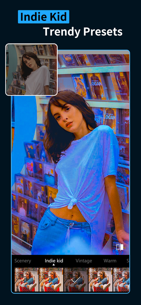 Photo editing app Koloro showcasing the Indie Kid filter with trendy presets