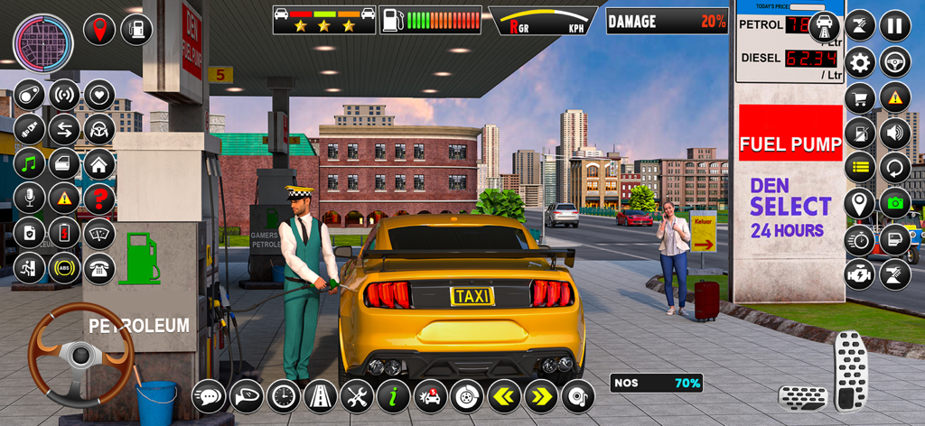 Russian Taxi Driving Simulator - Un taxi deportivo amarillo repostando en una gasolinera de la ciudad en el juego de simulación de conducción.