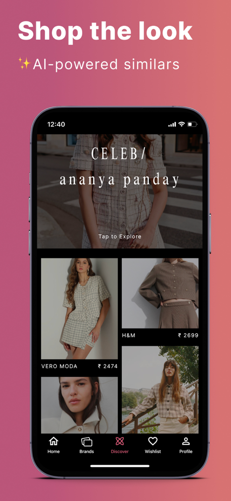 ALT - Fashion Search - ALT fashion search app interface featuring celebrity style inspiration and AI-powered recommendations for similar clothing items from brands like H&M and Vero Moda.