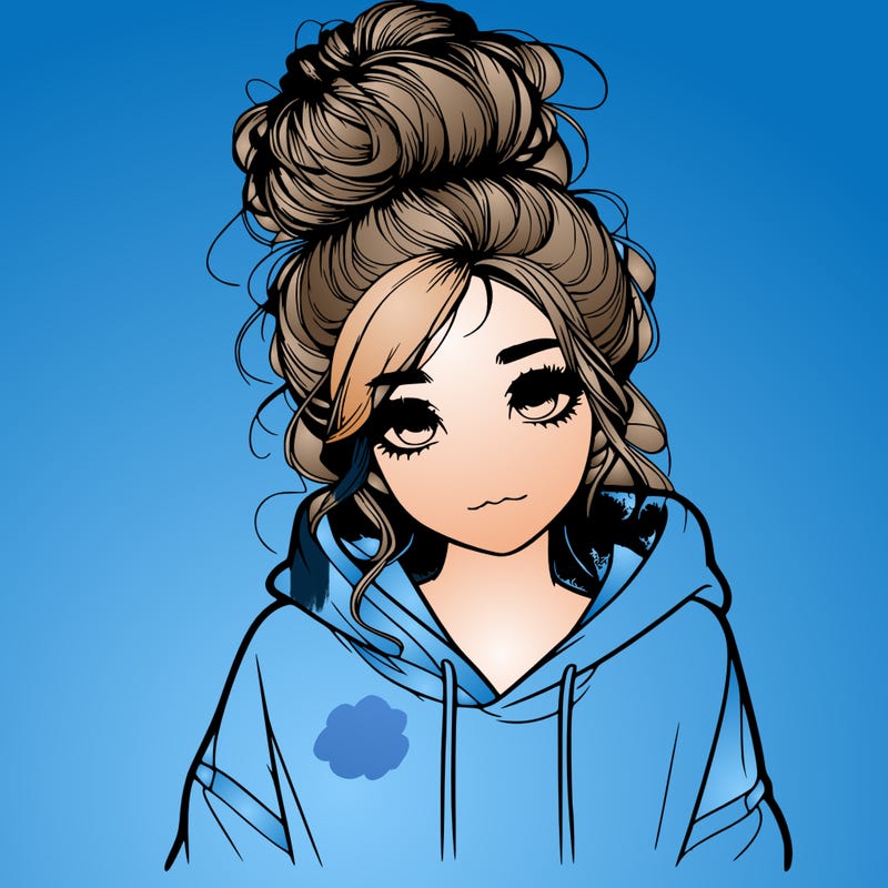 realistic girl with a massy bun and a hoodie