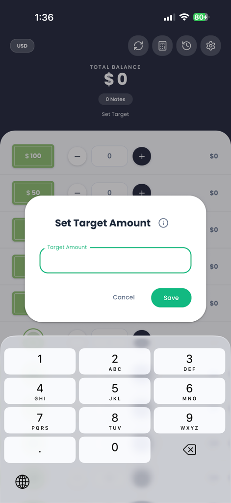 Money Counter app screen with a popup for setting a target cash amount and a numeric keypad