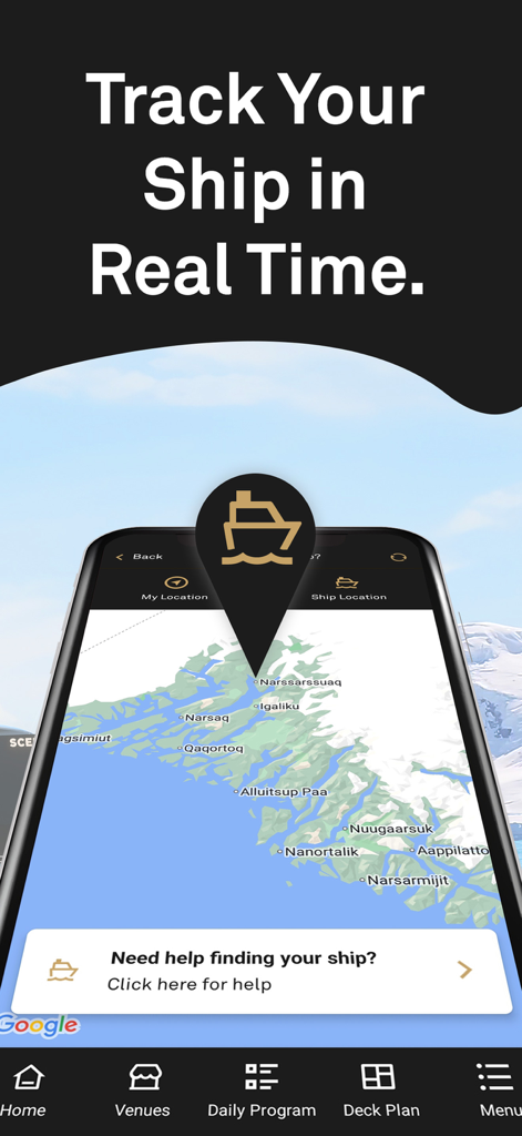 Scenic Luxury Cruises - Scenic Luxury Cruises app interface for real-time ship location tracking on a map