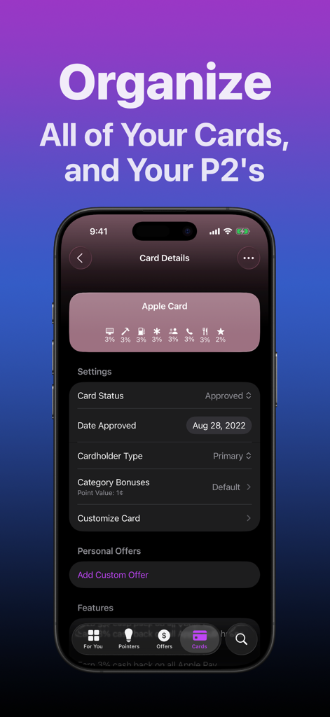 iPhone screenshot of the CardPointers app showing Apple Card details and settings to organize rewards for multiple users