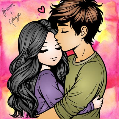 a realistic couple boy and girl hugging and kissing