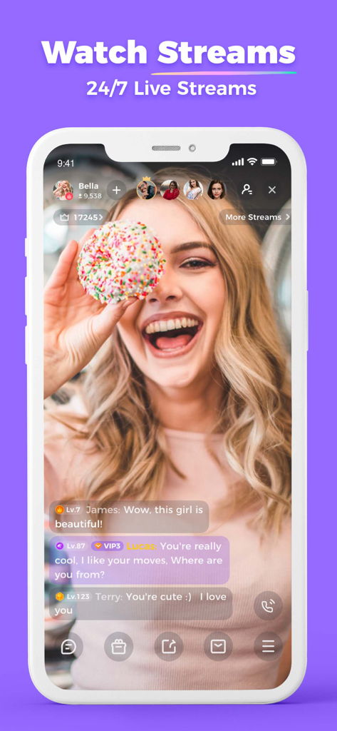 Uplive-Live Stream, Go Live - A woman hosting a live stream on the Uplive app with interactive chat and viewer comments