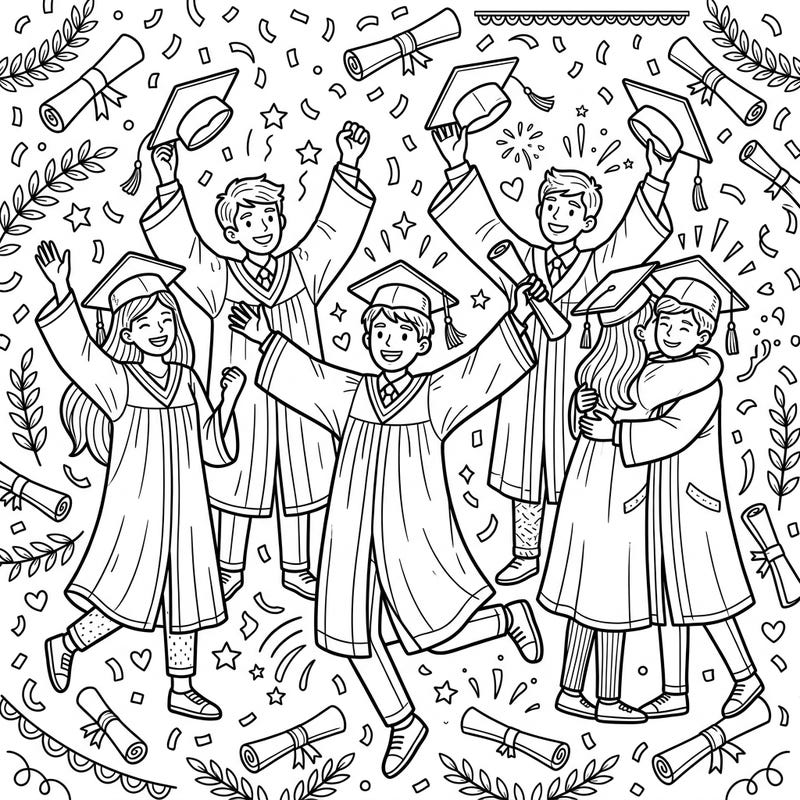 Capture the excitement of graduation with this lively coloring page featuring a group of jubilant teenage graduates. Filled with confetti and diplomas, it's a perfect way to celebrate their academic achievement.