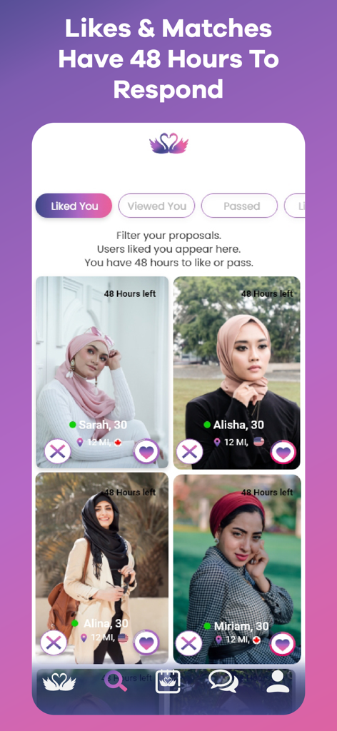 Proposal: Muslim Marriage - Screenshot of the Proposal Muslim Marriage app showing profiles under the Liked You tab with a 48 hour response timer to prevent ghosting.