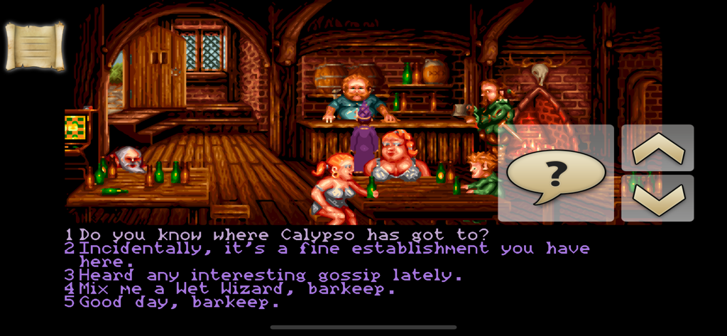 Simon the Sorcerer talking to a barkeep in a retro tavern with dialogue options