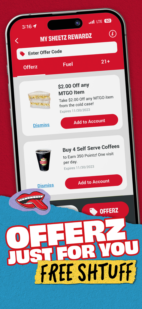 Sheetz mobile app interface showing personalized rewards and discounts on food and coffee
