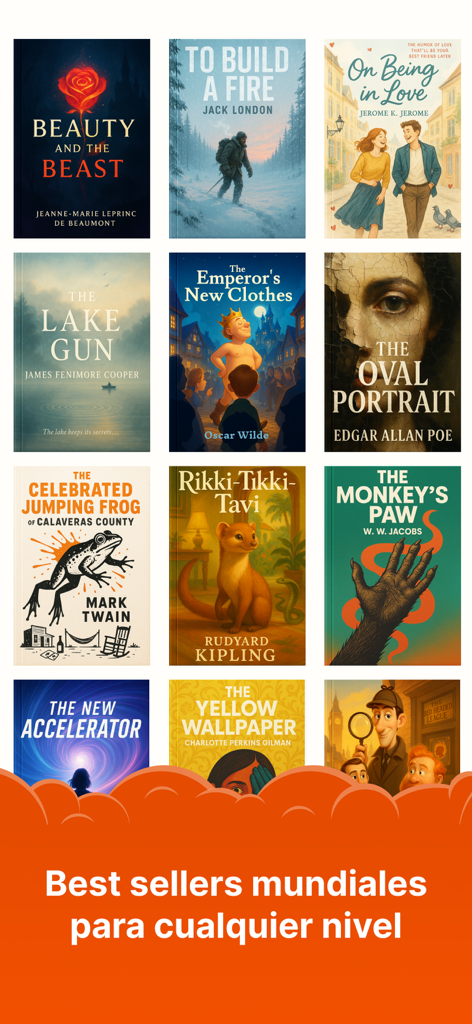 Clew: aprende inglés leyendo - Grid of classic book covers for English language learning in the Clew app