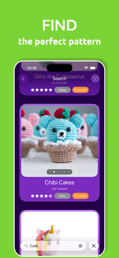 Crochet Patterns: Ravelgurumi - Ravelgurumi app search interface showing a cute crochet bear pattern