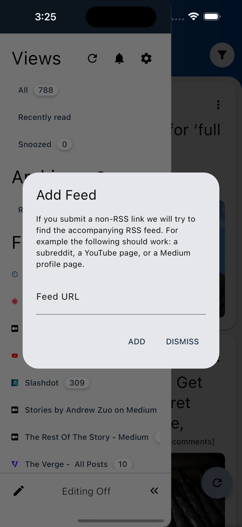 Add Feed dialog box in the Stratum app showing the input field for a new feed URL.