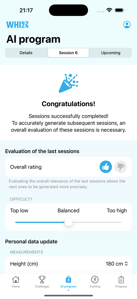 Interfaz de la aplicación Whizz que muestra comentarios del programa de IA y un control deslizante de dificultad después de un entrenamiento.