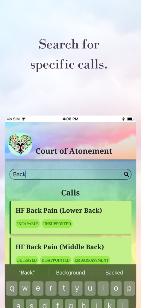 Court of Atonement - A search interface within the Court of Atonement app showing spiritual healing calls for back pain