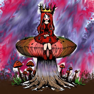 realistic girl sitting on a huge tree stump size toadstool with thorn crown