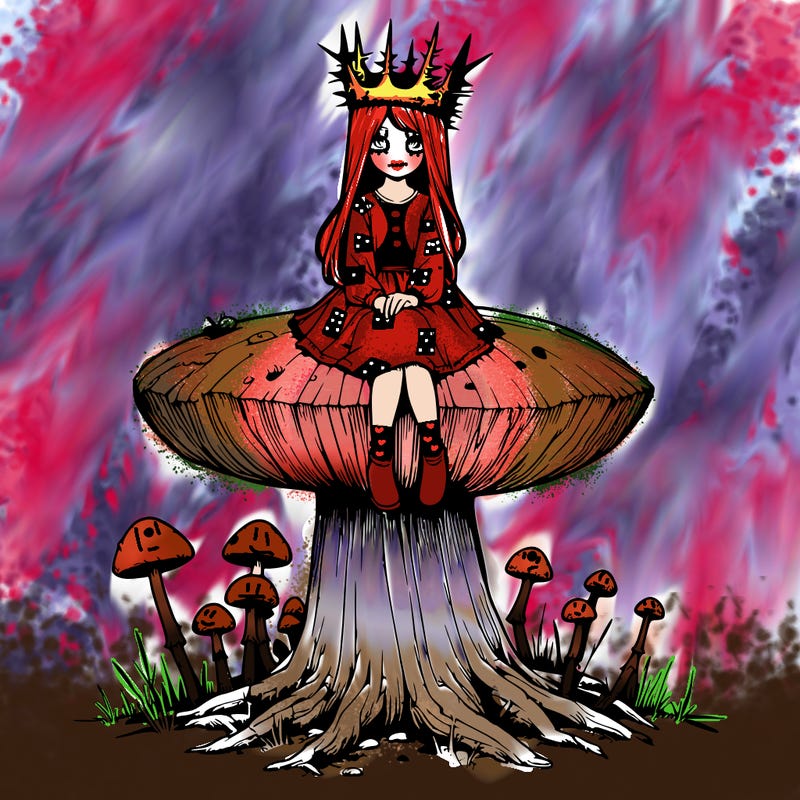 realistic girl sitting on a huge tree stump size toadstool with thorn crown