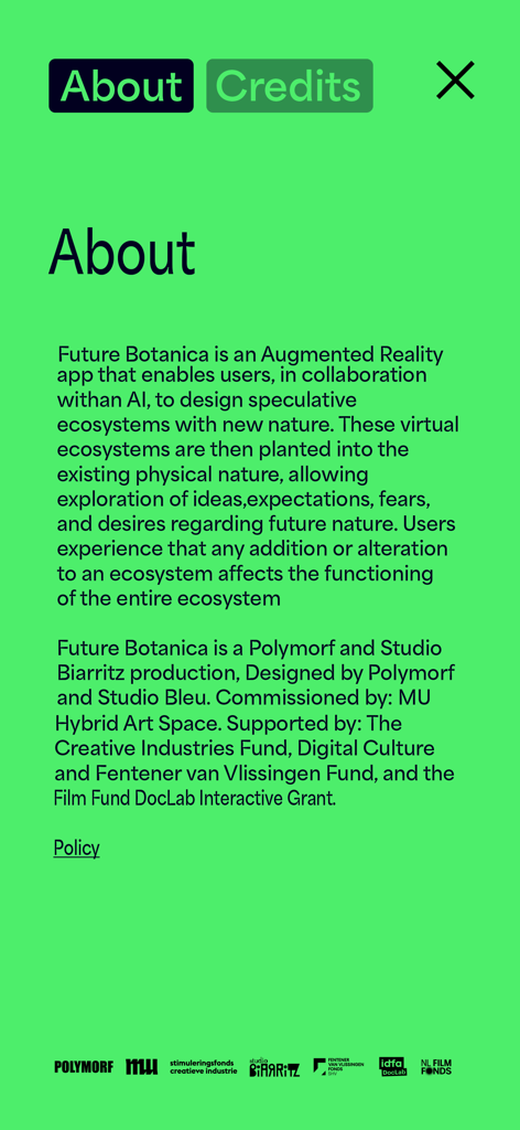Future Botanica - 투기적인 생태계를 디자인하기 위해 증강 현실과 생성형 AI를 사용하는 Future Botanica 앱의 소개 페이지.