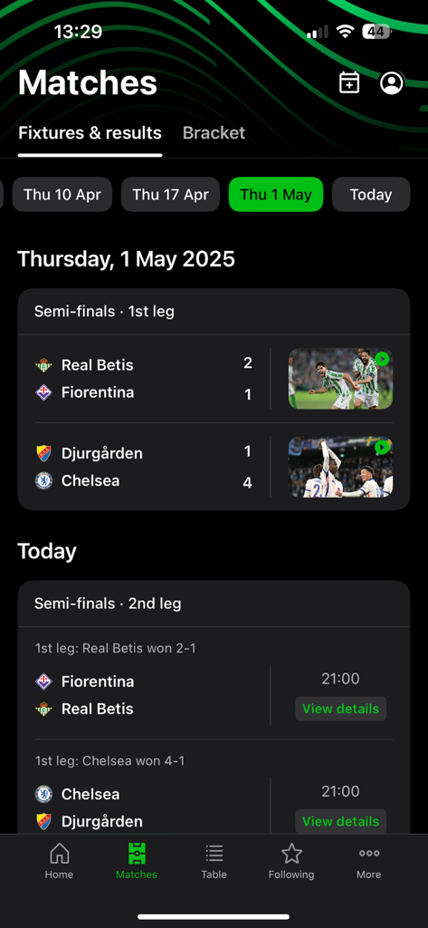 UEFA Conference League - A mobile screen showing the matches section of the UEFA Conference League app with semi-final results and upcoming fixtures.