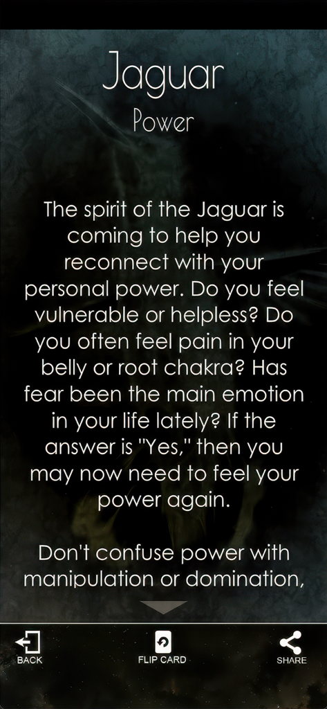 Shamanic Oracle Cards - Schamanische Orakelkarten-App, die die Karte Jaguar-Geisttier mit einer Beschreibung der persönlichen Macht zeigt.
