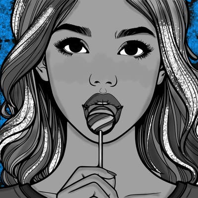 a realistic girl with a lollipop in her mouth