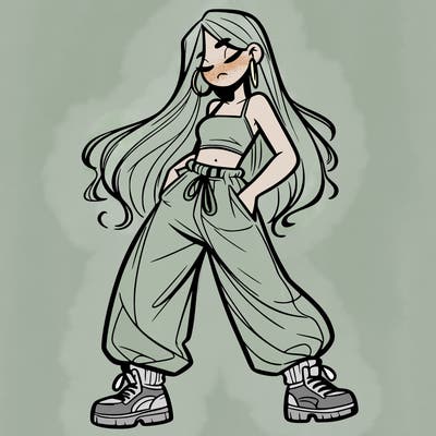 girl in baggy pants crop top and long hair