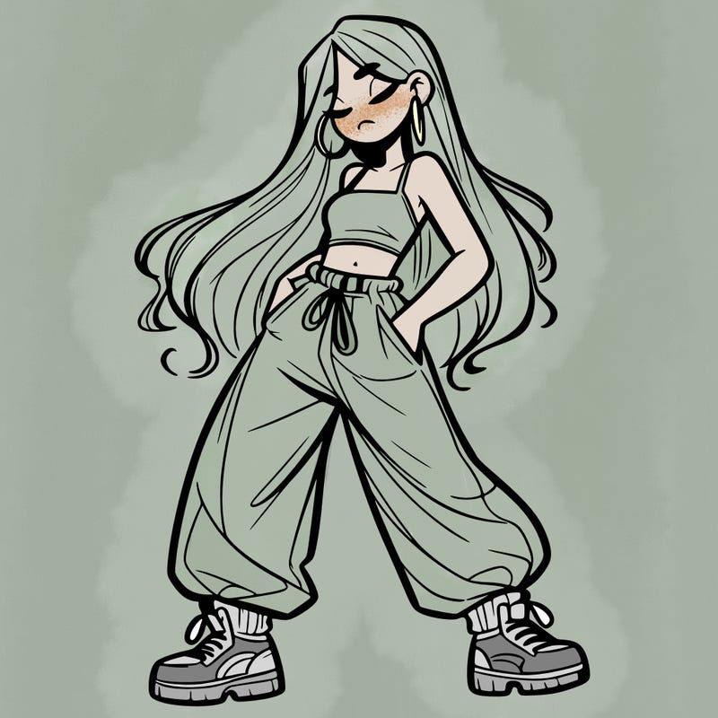 girl in baggy pants crop top and long hair