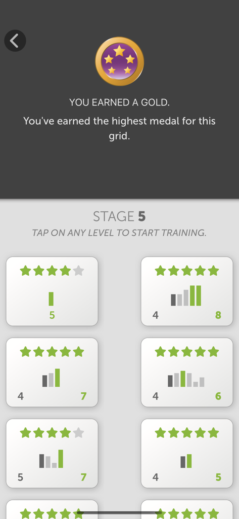 BrainHQ app screen showing an earned gold medal and a grid of completed training levels with star ratings.