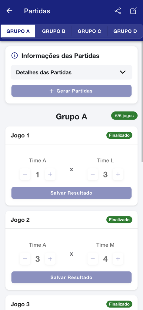 Campeonato fácil - Interfaz de la aplicación móvil que muestra resultados de partidos de fútbol y gestión de puntuaciones para las fases de grupos