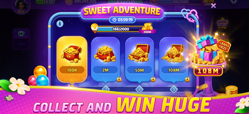 Gin Rummy Frenzy - Card Game - Una captura de pantalla de Gin Rummy Frenzy que muestra un evento de Aventura Dulce con múltiples niveles de recompensa de monedas de oro