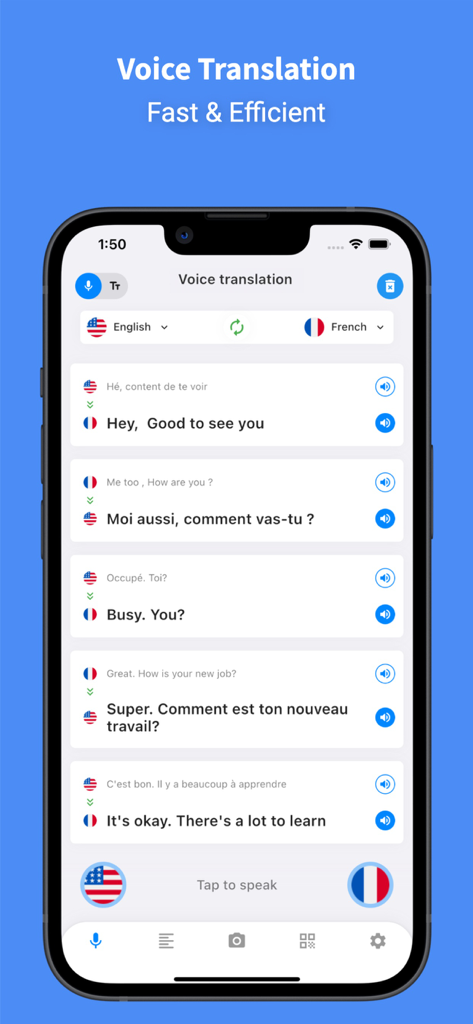 Language Translator Pro - All+ - Language Translator Pro app interface showing real-time voice translation between English and French
