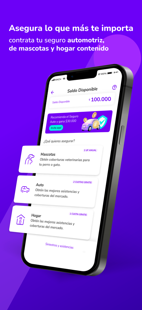 Interfaz de la aplicación MACHBANK mostrando opciones de seguros para mascotas, vehículos y hogares con saldo disponible