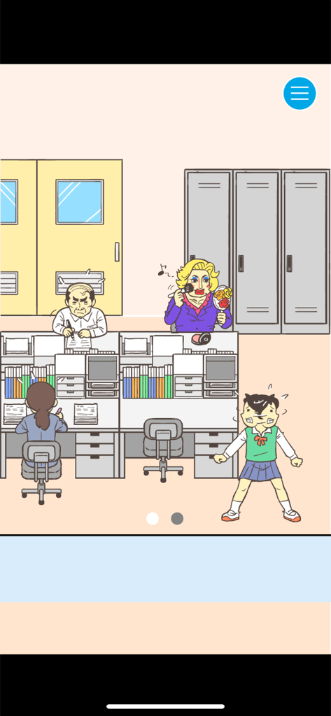 Ditching School! - Captura de pantalla del juego Ditching School mostrando a un estudiante y profesores en una oficina escolar