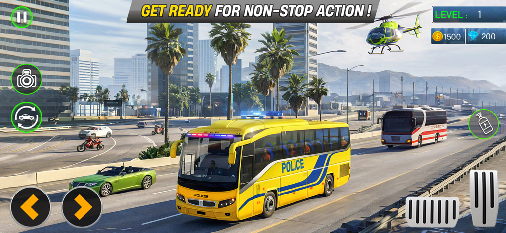 City Police War - Car Games 3D - Autobús policial amarillo conduciendo por una autopista de la ciudad en una simulación 3D
