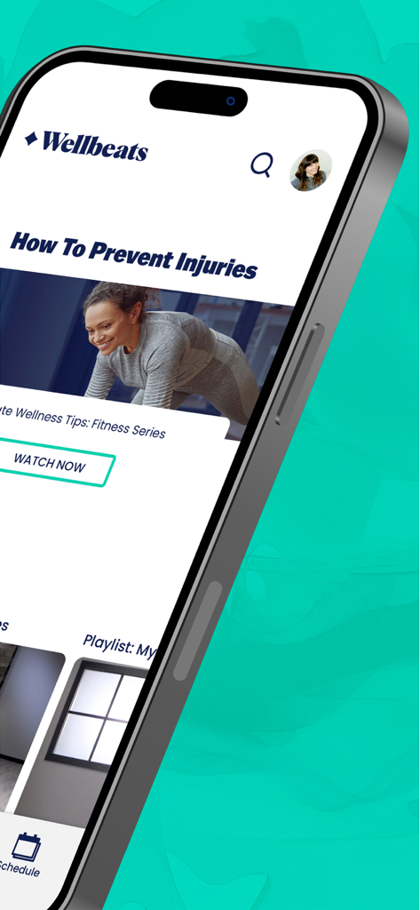 Wellbeats app interface showing a fitness video titled How To Prevent Injuries with a watch now button.