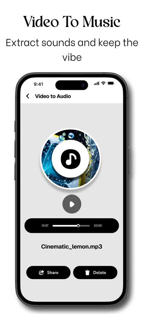 Kapwing ~ Video Editor - A mobile interface for extracting audio from video files in a modern black and white design